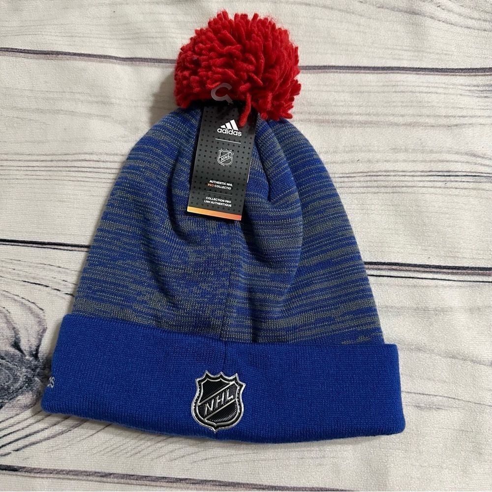 NWT! New York Rangers‎ NHL  Adidas Beanie Knit, One Size, Pom Pom Red & Blue - Picture 2 of 6